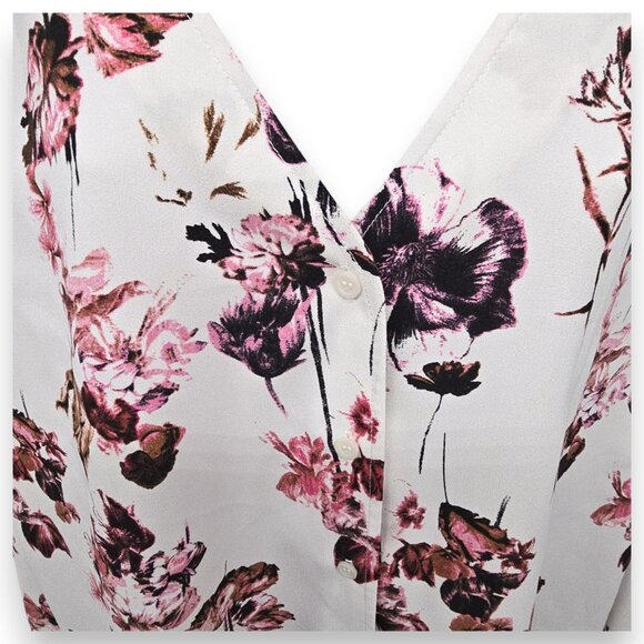 Nordstrom Floral V-Neck Long Sleeve Blouse Womens 1X Lightweight Ivory & Pink - Picture 3 of 16